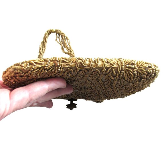 Antique Gold Beaded Purse Bag Brass Frame Silk Lining - Picture 7 of 10